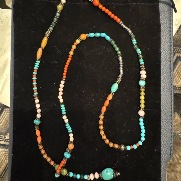 Colorful Beaded lariat Necklace 30” sterling silver and genuine stones - Picture 2 of 2